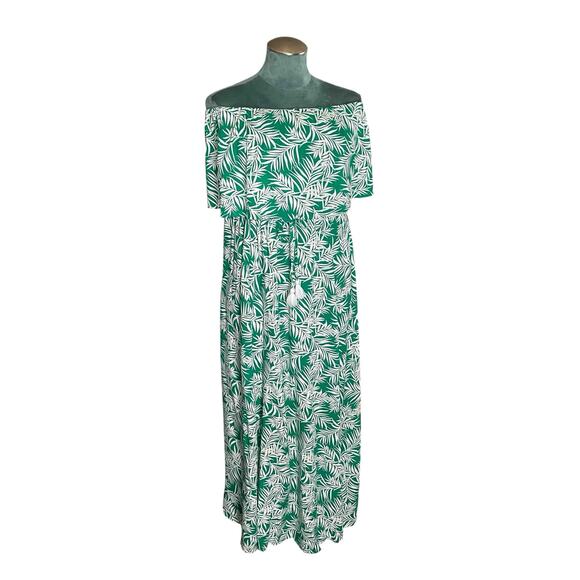 Japna Dresses & Skirts - Japna Women's Off-The-Shoulder Layered Maxi Dress Green Leaf Print Rayon Size L